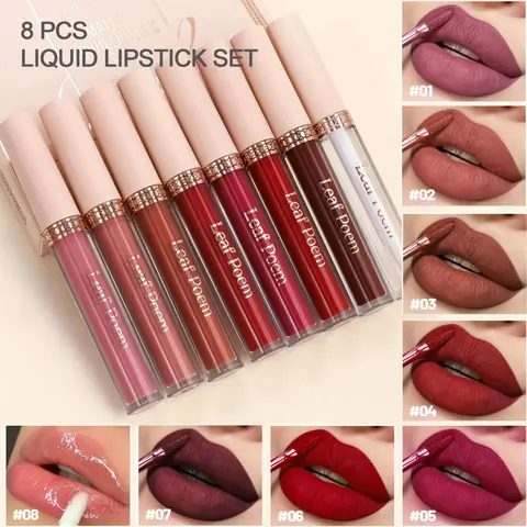8pcs Matte Hydrating Liquid Lip Product Beauty Set - Waterproof, Non-Stick, Luxurious Long-Lasting Lip Gloss in Brown, Pink, Purple & Red Shades with Plant Squalane