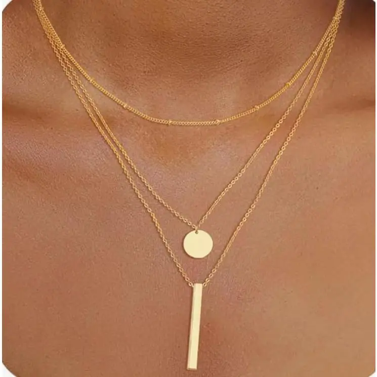 Golden round stick three layer necklace