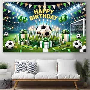 Football Theme Birthday Party Banner, Polyester Material, Colorful Gift and Balloon Patterns, Indoor/outdoor Soccer Fan Celebrations