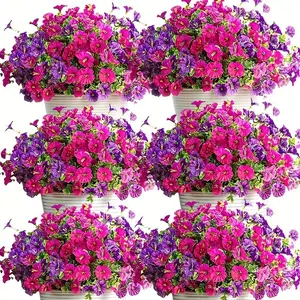 8 pc Simulated Petunia Shrubs -Artificial Flowers for Outdoor, Fake Flowers Faux Plants for Outside Indoor, spring and Summer Decor, Morning Glory Petunia UV Resistant, for Garden Porch Window Box Home Planters