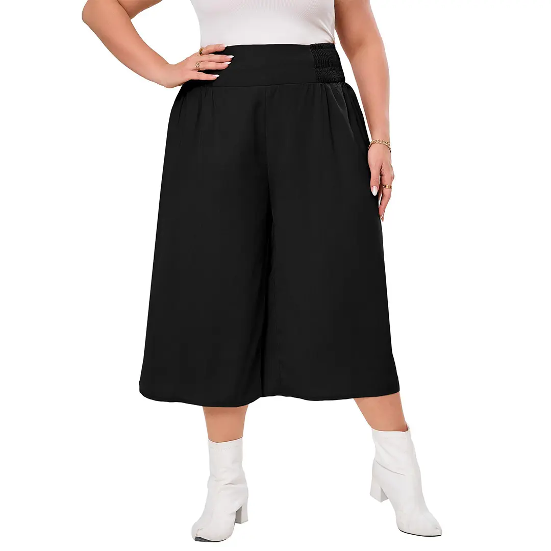 YF Clearance! Plus Size High Waist Casual Pants, Cropped Wide Leg Elastic Waist Culottes for Daily Wear Basic Breathable Fabric Lightweight Womenswear Bottom Everyday Fit Polyester Smocked