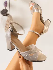 Women's Slimming Chunky Heel Single Shoe, Three Color Cross Strap Open Toe Back Cutout, Stylish Casual Footwear for Daily Wear, Elegant Sandals