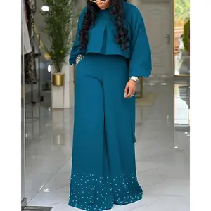 Fashionable Women’s Two-Piece Set with Puff Sleeves, High-Low Hem Ruched Top and Casual Pearl-Decorated Wide-Leg Pants Set