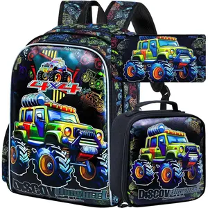 KF5-CBP39  3PCS Kids Backpack for Boys, Trucks Bookbag with Lunch Box for Kids 6-8 Preschool Kindergarten Elementary