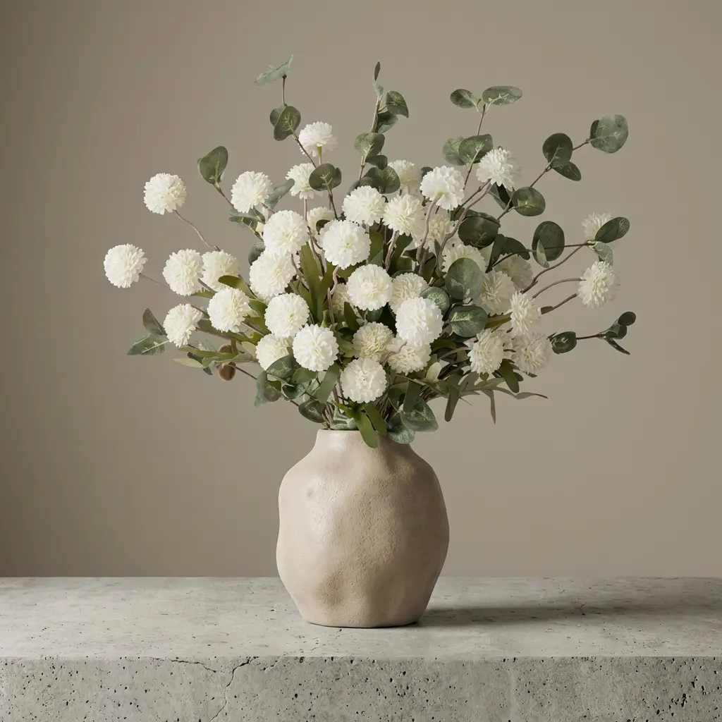 12-Piece Realistic Touch Artificial Floral Bouquet - Mixed Arrangement with Faux Snowball Pompons, Chrysanthemums, Eucalyptus Branches, 51cm Neutral Folk Matte Black Decoration for Bedroom, Desk, Daily Vase Fillers, Storage Bag Included, Asian
