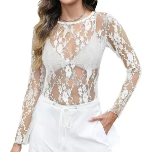 Womens Long Sleeve Mesh Tops Sexy Crewneck Sheer Lace Shirts Party Club Night See Through Blouses