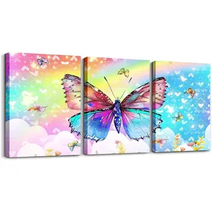 Feelyou 3pcs Rainbow Butterfly Framed Canvas Wall Art Prints, 12"x16", Room Decor Decoration for Bathroom & Office, Christmas Home Gift