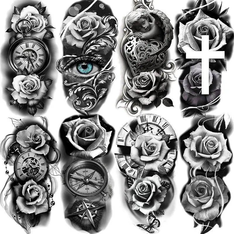 Rechal Rose & Cross Pattern Temporary Tattoo Sticker, 8 Sheets/Set Half Arm Sleeve Tattoo TemporaryTattoo Sticker,Body Art Sticker Fake Tattoo forWomen & Men, Realistic Tattoos for Men, Giftsfor Girlfriend, Christmas Gift Floral Flower Durable