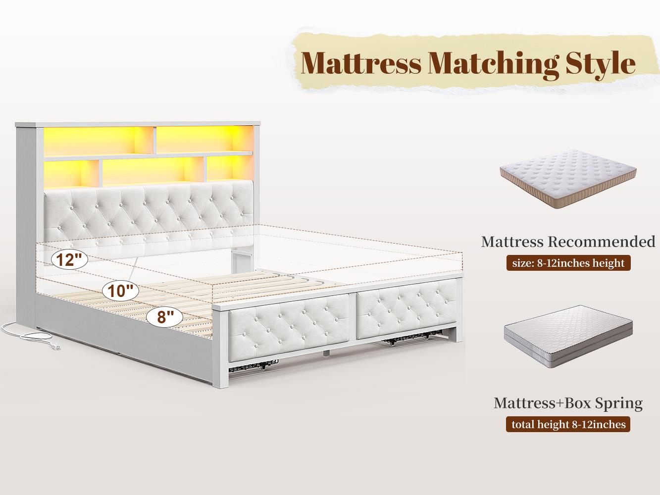 Raybee Luxury Modern LED Bed Frame with Power Stripes, Tufted Velvt Upholstered Full /Queen/King Size Bed Frame with Bookcase Storage Headboard, Heavy Duty Platform Bed Frame Holds 900LBS, NO Noise, No Box Spring Needed, Space Saving Hacks, Beige, Gray Raybee Luxury Modern LED Bed Frame with Power Stripes, Tufted Velvt Upholstered Full /Queen/King Size Bed Frame with Bookcase Storage Headboard, Heavy Duty Platform Bed Frame Holds 900LBS, NO Noise, No Box Spring Needed, Space Saving Hacks, Beige, Gray
