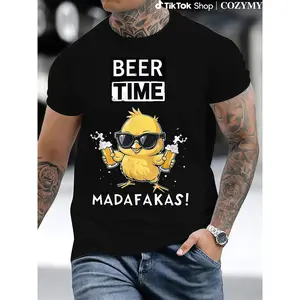 Men's Casual "Beer Time" Chicken Graphic T-Shirt - Polyester, Round Neck, Short Sleeve, Summer Tee with Fun Animal Print, Chicken Shirt
