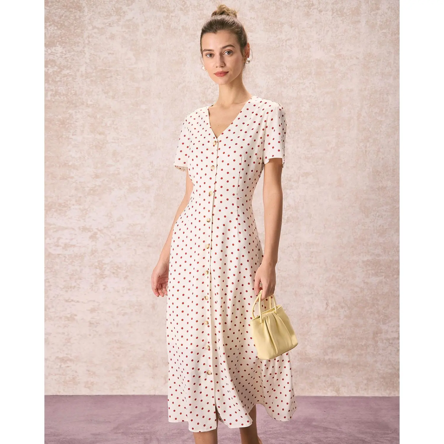RIHOAS Women's Beige Polyester Short-Sleeve V-Neck Waisted Slim Polka Dot Button Midi Dress - Slim Fit, Soft Fabric, Feminine Casual Low Cut Dress - TikTok Shop RIHOAS Women's Beige Polyester Short-Sleeve V-Neck Waisted Slim Polka Dot Button Midi Dress - Slim Fit, Soft Fabric, Feminine Casual Low Cut Dress - TikTok Shop