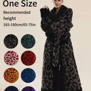 Luxurious Flannel Leopard Print Shawl Collar Bathrobe, Unisex with Waistband and Pockets, One Size Fits All