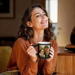 11 oz heart-shaped handle custom ceramic coffee mug with a fun retirement theme design, unisex, personalized gift, high-definition heat transfer printing, perfect for everyday coffee drinking at the office.