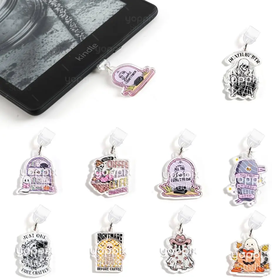 9 count Charms for E-Reader, About Halloween Ghost Theme Dust Plug Charm Compatible with Type C  Port,  for Book Lover Readers Men Women Teachers Students, Accessories for E-Reader