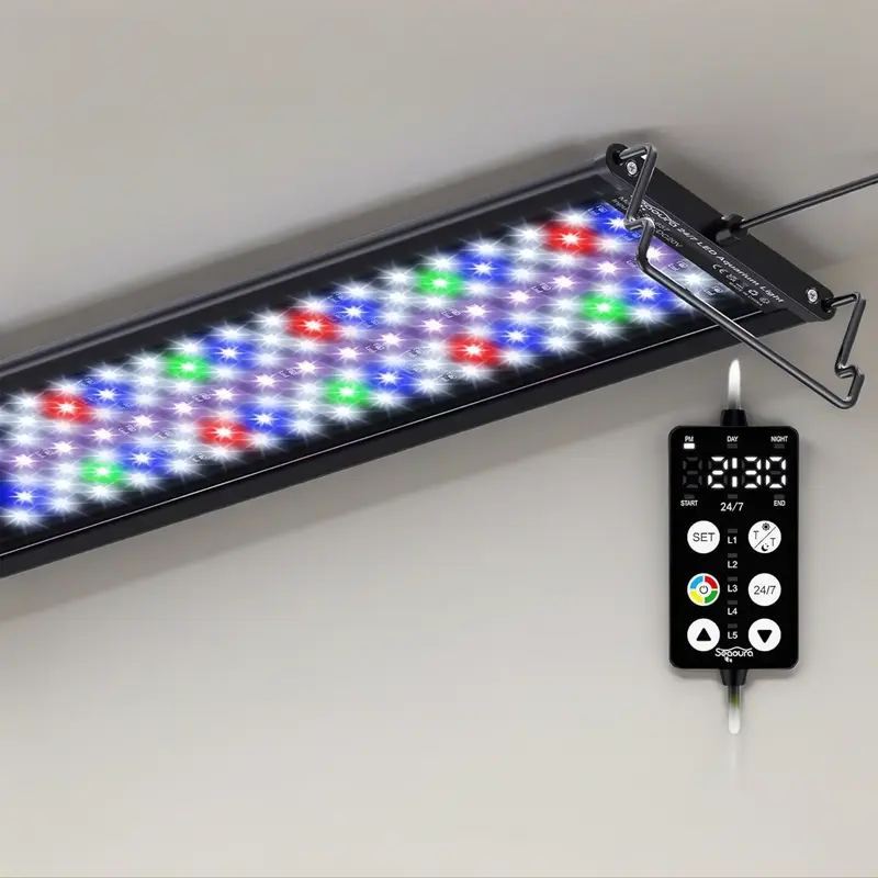 Seaoura SR-657 Full Spectrum LED Aquarium Lamp, Aluminum-PC Body, IP68 Waterproof, 14W-48W (Incl. 20W for 18"-24" Tank), 24/7 Auto Timer, Memory Function, 9 Customizable Modes, High PAR Output, CRI92, Retractable Bracket, Fits 30cm-120cm Tanks (7.2ft)