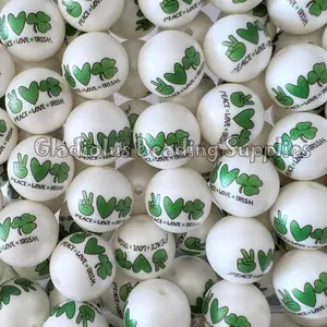 20mm Peace Love Irish Print Acrylic Bead, Clover, Gnome, Bubblegum, Chunky Round, Gumball, Beading Supplies