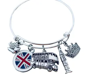 London Charm Bangle Bracelet – Silver Plated Expandable Bracelet with British Charms, UK Travel Jewelry Gift for Her