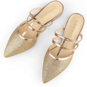 BLISSFUL STEP Glitter Pointed Toe Flats Mules Gold