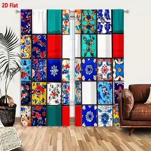 2D Flat Moroccan Spanish Style Decorative Tile Pattern Curtain 2-Piece Set, Vibrant Red Blue Teal Yellow Floral Geometric Ornate Design, Hand-Painted Inspired Window Curtains for Living Room Bedroom, 5x6 Grid Colorful Tiles Printed Home Decor