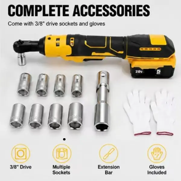 Brushless Cordless Ratchet Wrench 3/8" For Dewalt 20V Li-Ion Battery High Torque 100NM With LED Light 7 Sockets Yellow