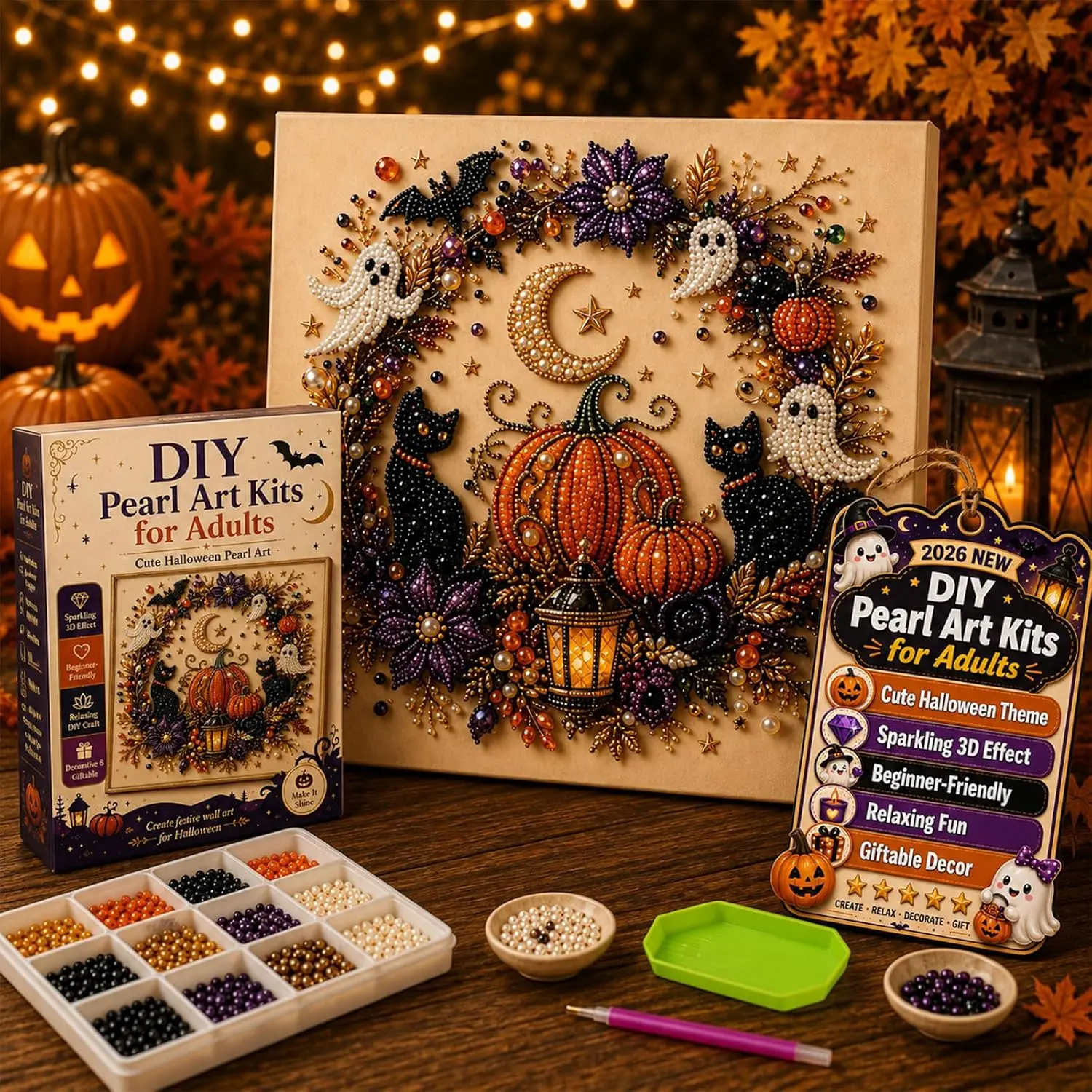 2026 Halloween 3D Pearl Bead Diamond Painting Kit for Adults, 20cm x 20cm Small Size DIY Needlework Craft, Spooky Cute Wall Art for Household Indoor Decoration & Holiday Party Gifting, Pearl Beads