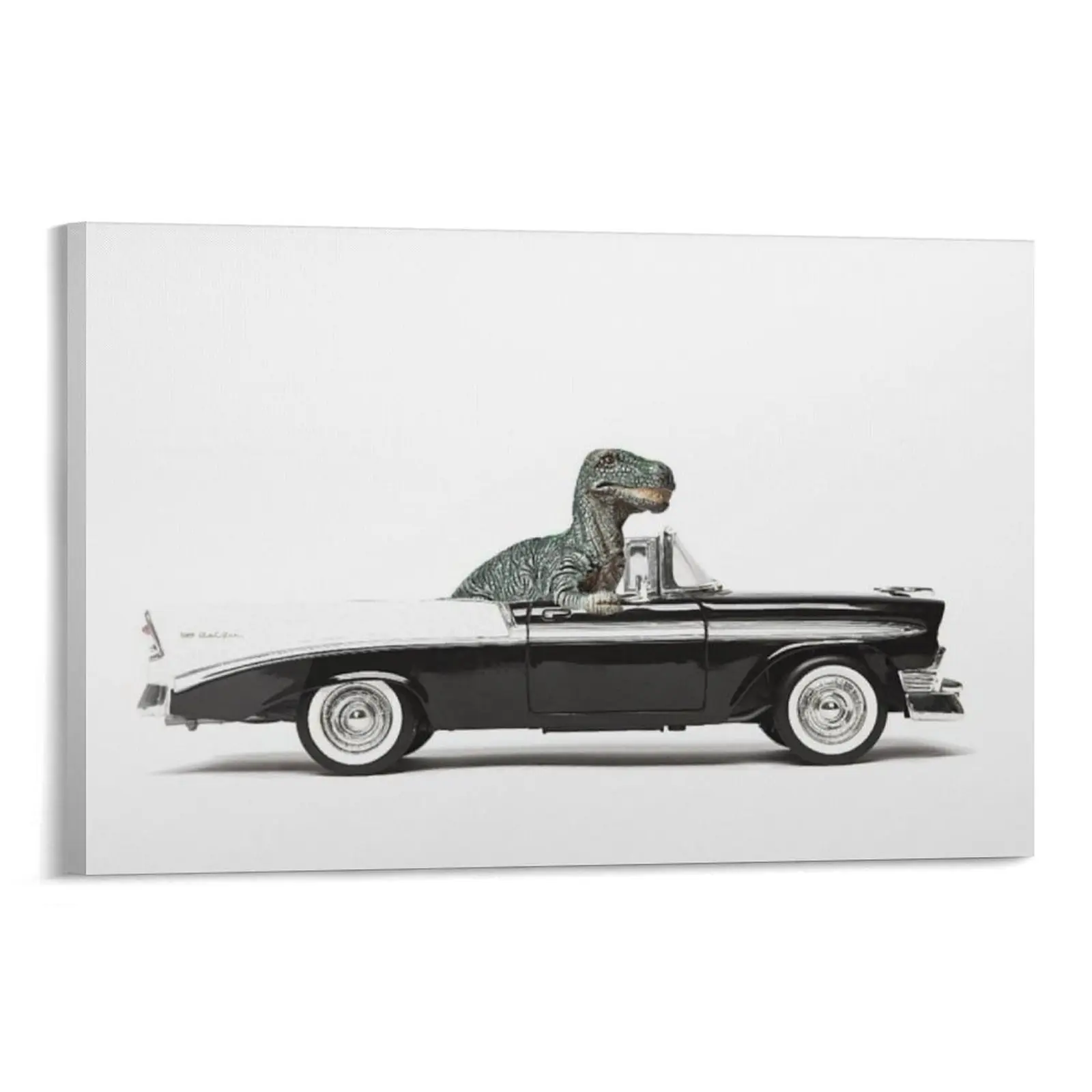 Artistic Dino Driving Vintage 57 Chevy Police Car Poster Print - Canvas Wall Art Painting for Bedroom, Bar Decoration & Gift (Home Supplies, Home Decor)