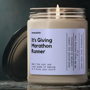 It's Giving Marathon Runner Soy Wax Candle - Eco-Friendly Vegan Formula, Reusable Glass Jar, 50-60 Hours Burn Time, 9 Scent Options, Made in USA