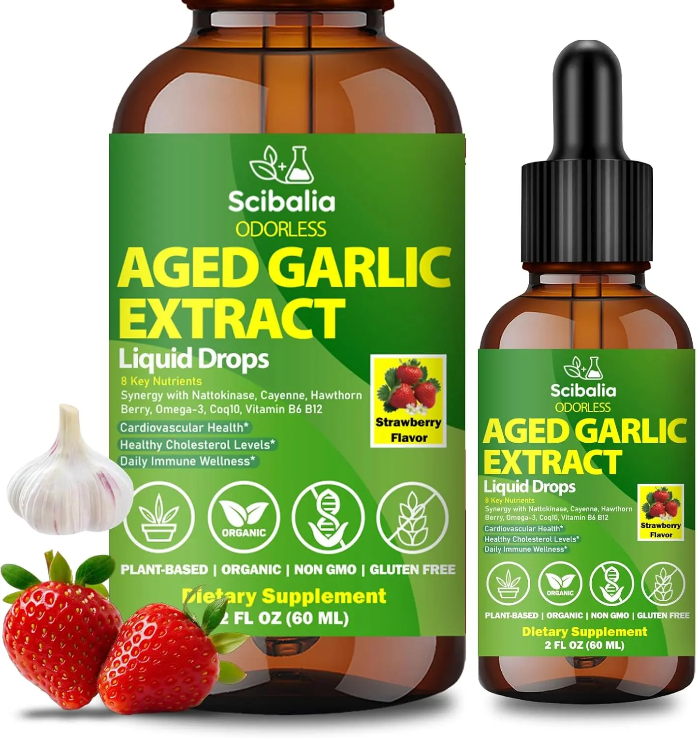 Aged Garlic Extract Liquid Drops – Liposomal Odorless Supplement with S-Allyl Cysteine, Non-GMO, Gluten-Free, 2ml Daily Strawberry Drops for Wellness Routine