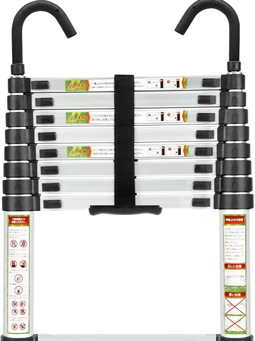 8.5FT Telescoping Ladder, 6063 Aluminum Lightweight Collapsible Extension Ladder with Detachable Hooks, 330 lb Capacity, Adjustable Portable Ladder with Rung Locks for Attic, Garage & Household Use