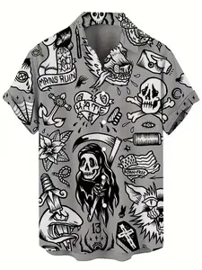 Vintage Pirate Pattern 3D Print Men's Collared Shirt, Casual Hip-Hop Rock Streetwear, Short Sleeve Slim Fit Blouse, Summer Hawaiian Tropical T-Shirt