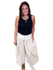 Cream Embroidered Linen Wide Leg Pants
