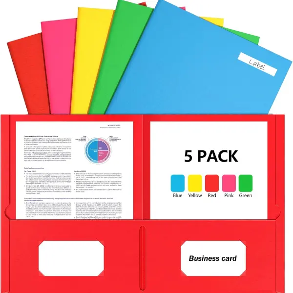 2 Pocket Folders, 5 Pack Folders with Pockets, Textured Paper File Folders | Fit Letter Size Paper, 5 Assorted Colors for Office, Home, Business, Back to School Supplies