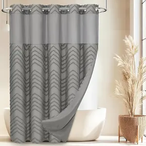 No Hook Shower with Snap in Liner, Tufted Chevron Striped Shower Set for, Boho Waterproof and Washable Shower Curtains,71Wx74H, Grey
