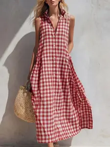 Women's Fashion Plaid Summer New Dress, Loose-Fit Comfortable Sleeveless Checkered Casual Long Dress, Trendy Women's Clothing