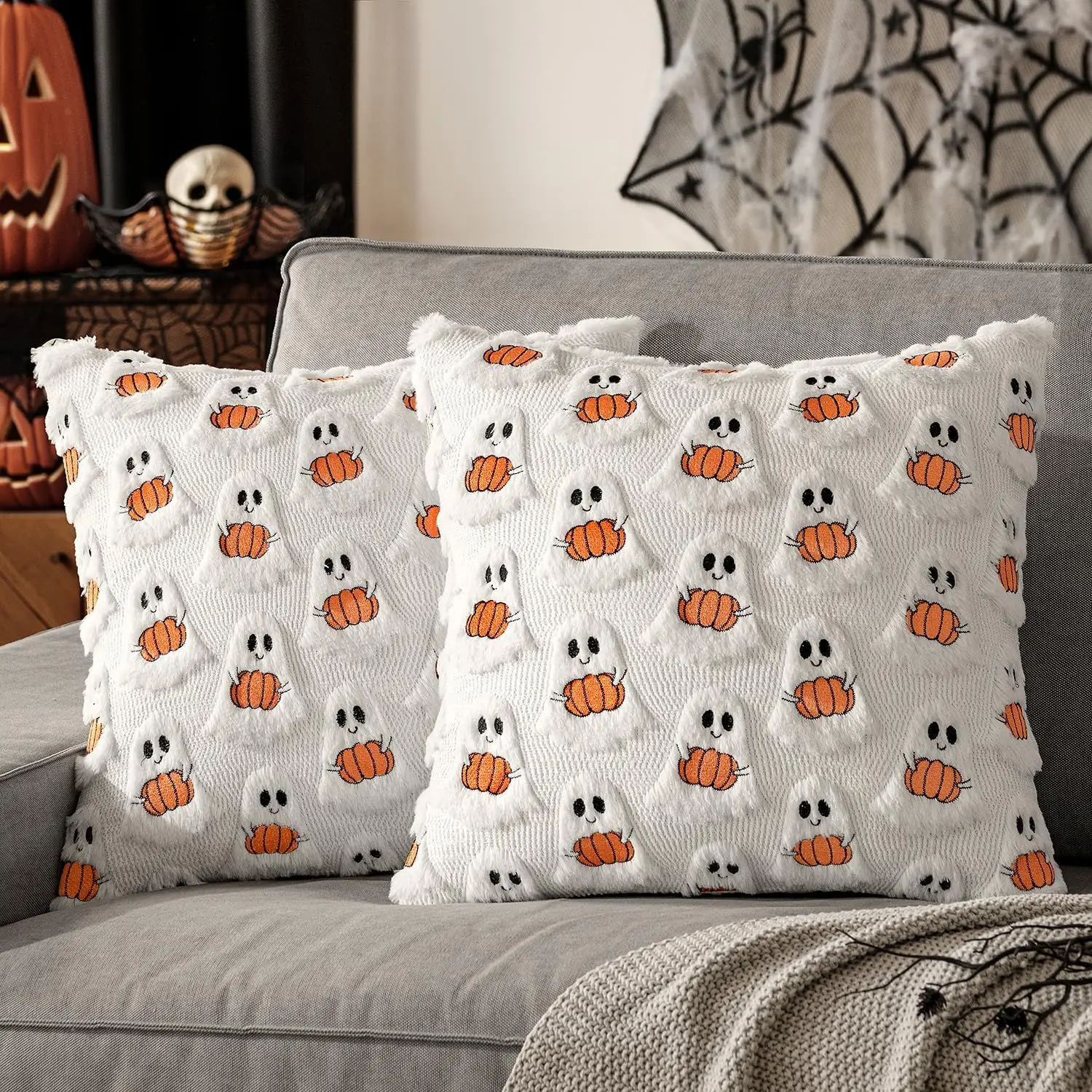 Halloween Pillow Covers 18x18 inch Set of 2  Ghost Throw Pillow Cases Soft Plush Pumpkin Throw Pillow Covers Faux Fur Wool Couch Cushion Case for Living Room Home Decor