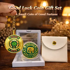 Gold Good Luck Coin Gift Set Four Leaf Clover & Elephant 777 Lucky Coin Horseshoe Symbols St Patrick's Day Gift Desk Decor Portable Keychain Bag Charm