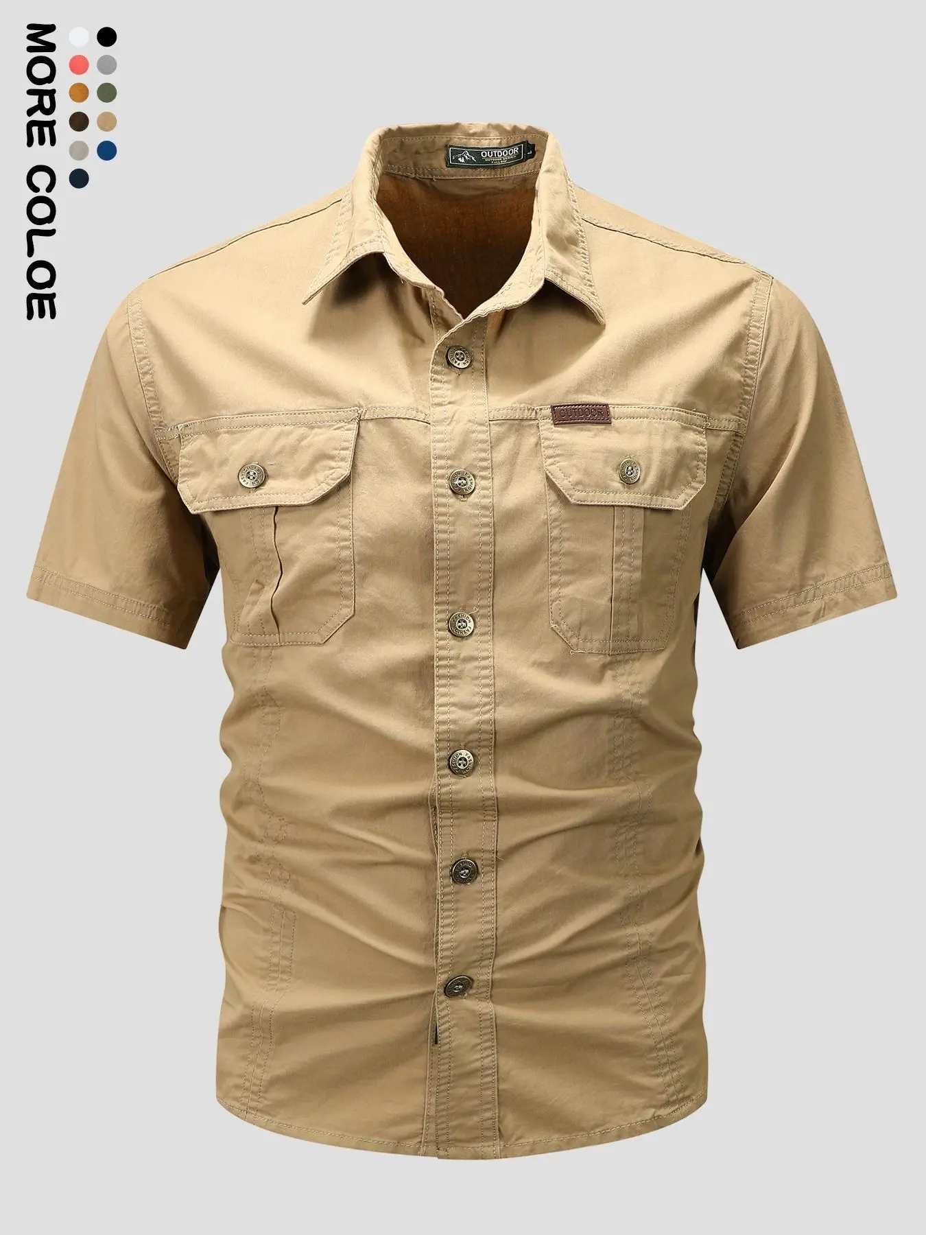 Men's Shortsleeve Cargo Shirt, a Khaki Button-Down with Wrinkle Texture and Double Pockets for Outdoor Tactical Workwear, Menswear, Apparel, Men's Casual Shirts, Durability