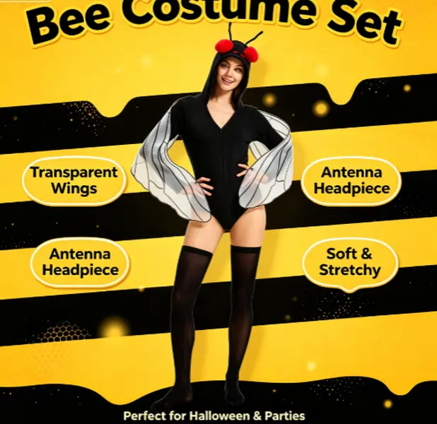 Women's Glitter Fly Costume Set, Slim-Fit Low-Waist Short Jumpsuit with Twist Front - Statement Halloween Party Outfit, Polyester, Plain, All Seasons, Cold Wash, Machine Washable, Slim-Fitting, Spooky Fly, Slip, Lady, Clothes, Black, Slim-Fit Cut