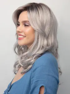 Women's Silver Gray Color Medium Length Curly Wave Silk Synthetic Transparent Lace Front Wig with Dark Roots Natural Hairline 13*3 Free Part Frontal Lace Heat Resistant Fiber Hair Perfect for Daily Use & Festival Party 130% Density Cuttable Put on and Go