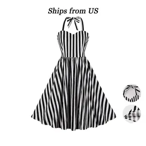 Women's backless, tie-waist, retro 1950s fitted flared midi dress, perfect for Halloween; Gothic retro-futuristic style dress; Plaid, fashionable, elegant, feminine, retro Black&White
