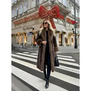 Women's Winter Faux Fur Coat, Elegant Thickened Collar Vintage Loose Fit Long Sleeve Mid-Length Jacket, Daily Fashion OuterwearGift