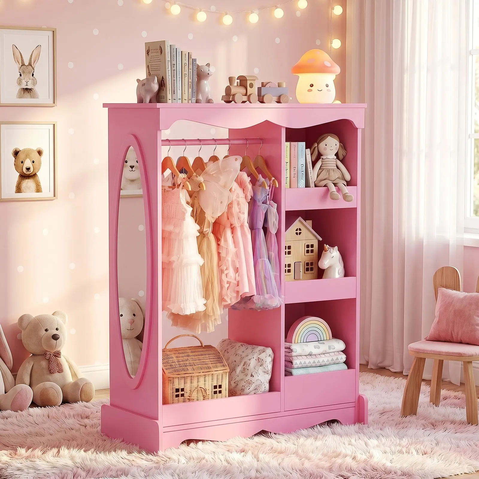 VOWNER Kids Dress Up Storage Wardrobe with Full-Length Mirror, Childrens' Closet Organizer with Hanging Rod, Shoe Rack for Bedroom Playroom