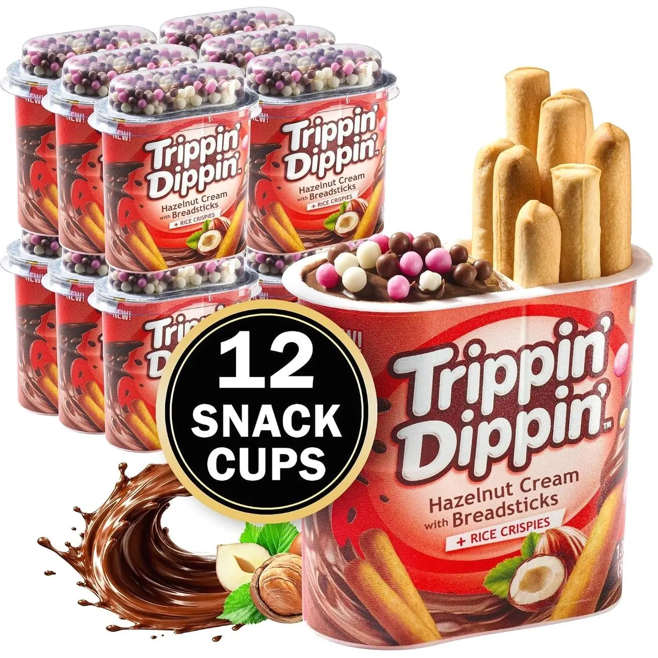 Trippin Dippin Breadsticks with Chocolate Hazelnut Dip and Rice Crisps – 12 Pack Bulk Snacks for an On the Go 1.76 oz Individual Snack Cups