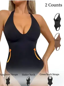Women's Solid Color Halter Neck Open Bust Design Shapewear Bodysuit, Casual Comfortable Breathable Tummy Control Butt Lifter Shaper, Ladies Shapewear Bodysuit for All Seasons, Underwear