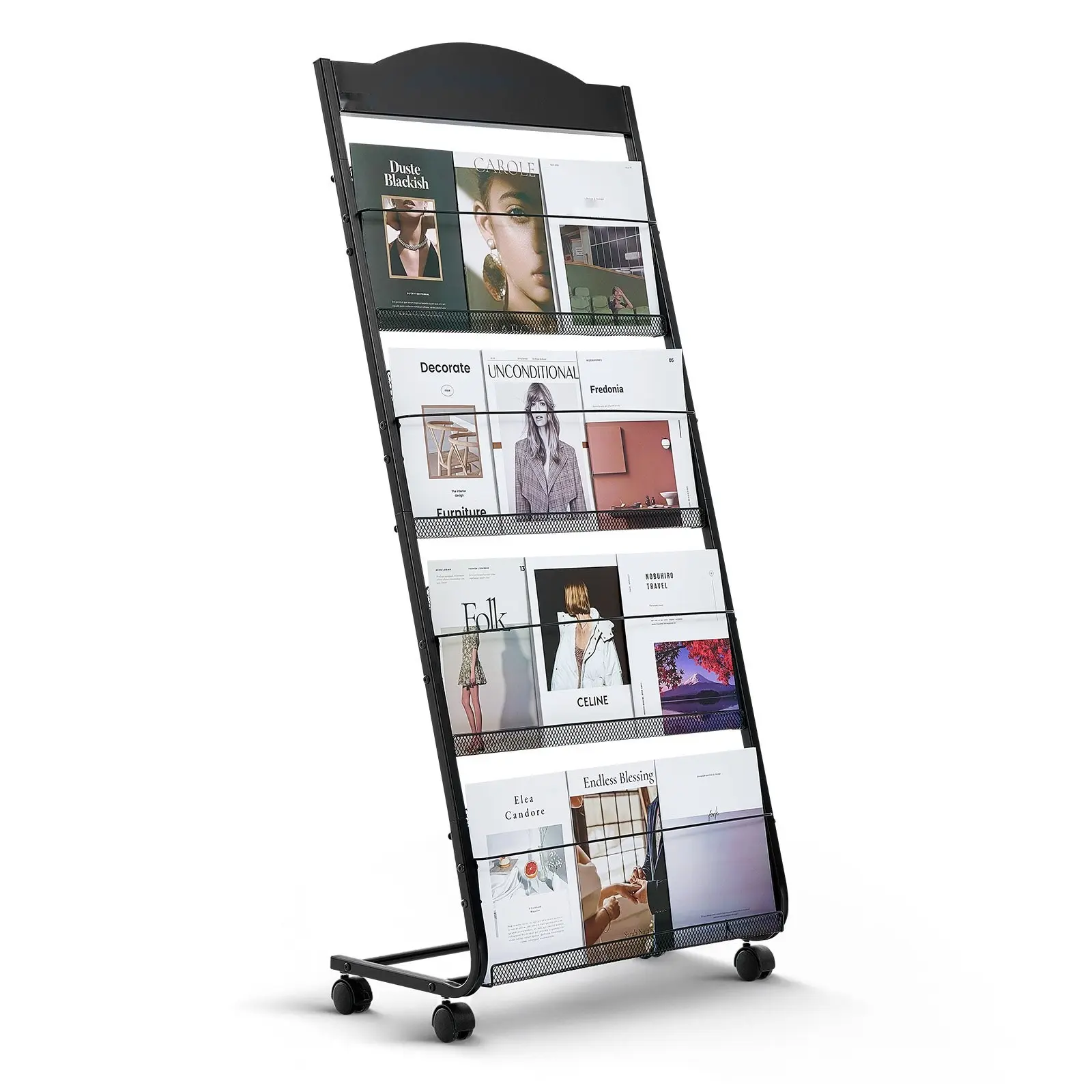Brochure Display Rack, 4-Tier Magazine And Literature Display Stand With Wheels, Movable Floor-Standing Magazine Rack, Heavy-Duty Newspaper And Catalog Holders For Shop Exhibitions, Office, Craft Fairs