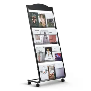 Brochure Display Rack, 4-Tier Magazine And Literature Display Stand With Wheels, Movable Floor-Standing Magazine Rack, Heavy-Duty Newspaper And Catalog Holders For Shop Exhibitions, Office, Craft Fairs