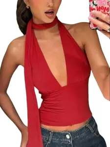 Stylish Halter Neck Open Back Drawstring Blouse Top Womenswear Backless woman top