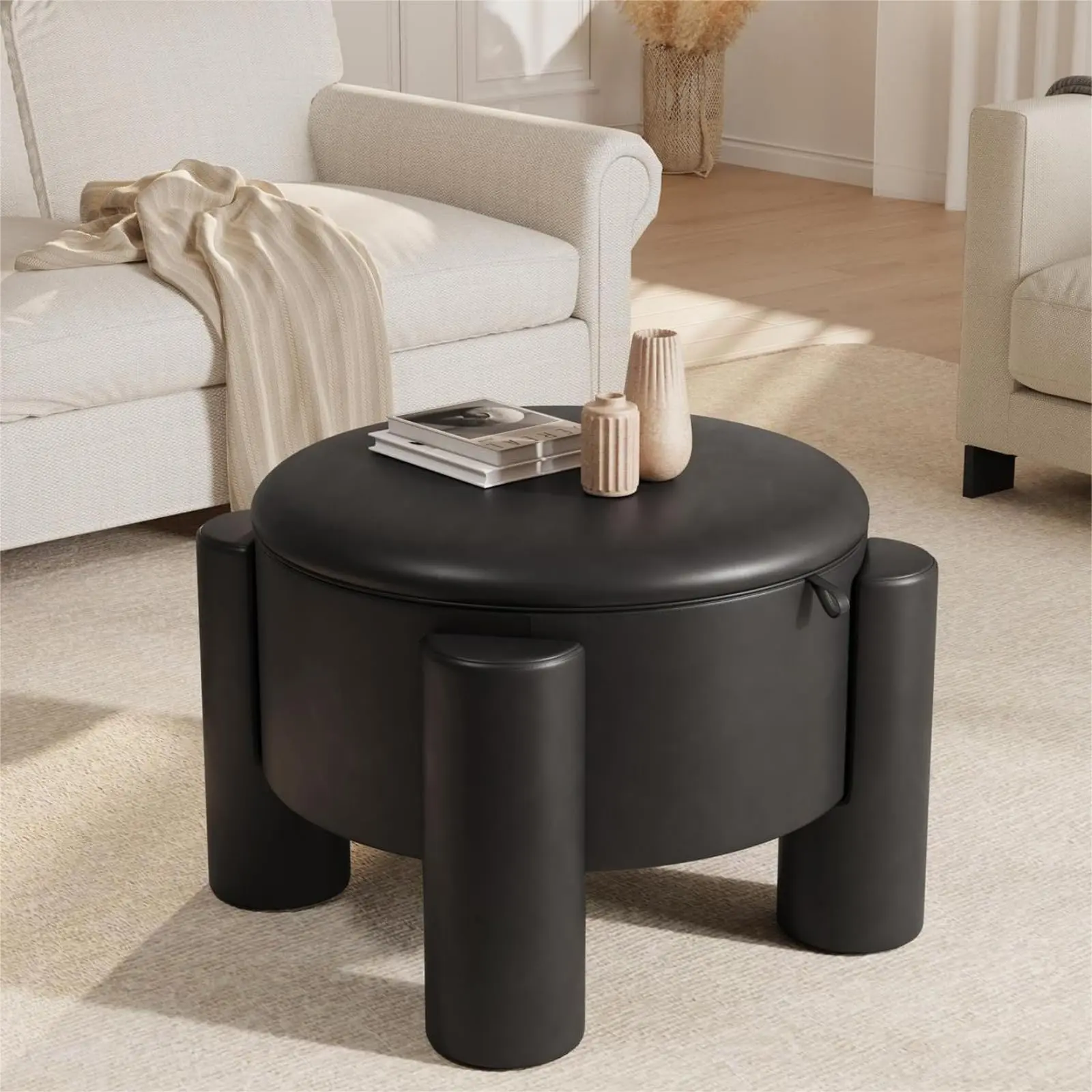 [Summergarden] Vabches 24 Inch Round Ottoman with Storage, Leather Round Coffee Table with Removable Top, Modern Upholstered Storage Ottoman Footrest Stool for Living Room, Small Apartment, Foot Rest Stools, Leather Material