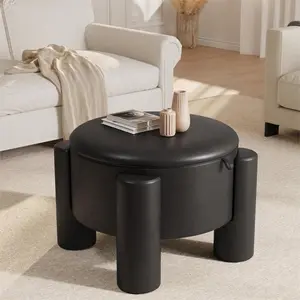Vabches 24 Inch Round Ottoman with Storage, Leather Round Coffee Table with Removable Top, Modern Upholstered Storage Ottoman Footrest Stool for Living Room, Small Apartment