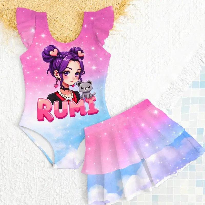 Girls' Two-Piece Swimsuit, Cartoon Print Bikini, Summer Beach Vacation Swimwear, Cute Ruffle Swim Dress, Swimwear Bathing Suit, Swimwear Outfits, Childrens Swimwear